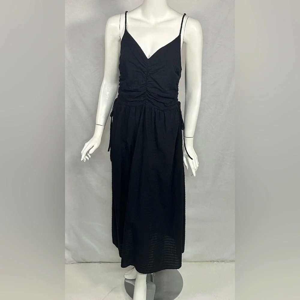 Nation LTD Black Rooshed Cotton/Linen Dress with side slit and pockets Size M - Picture 4 of 15